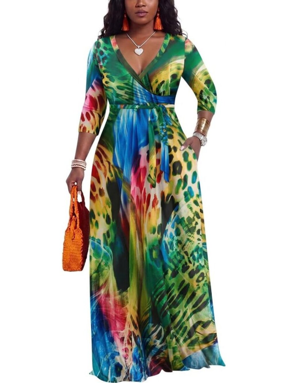 Stylish 3/4 Sleeve V-Neck Maxi Dress for Summer Beach Vacations - Belted